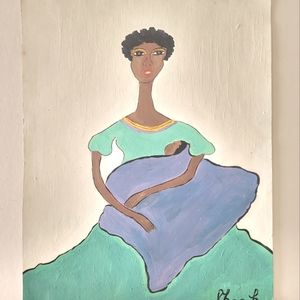 11x14 Original Painting, african woman, blue green, baby and mom, ethic art